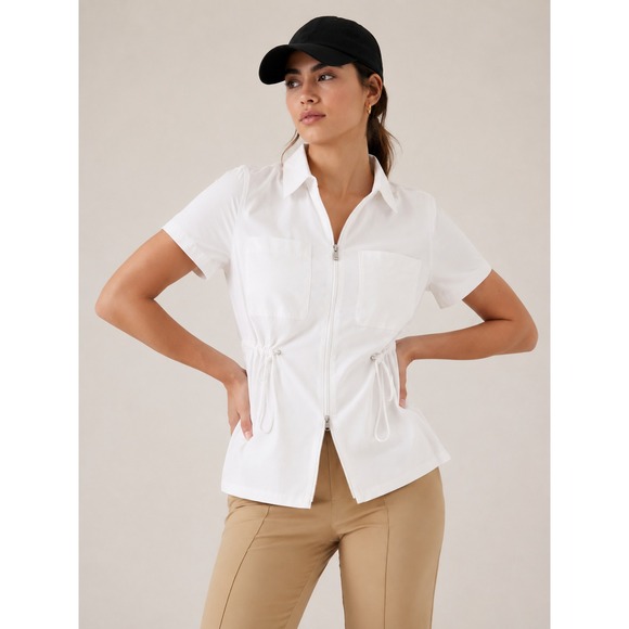 Athleta Tops - Athleta Advantage Cinch Top White Short Sleeve Full Zip Utility Shirt Small EUC